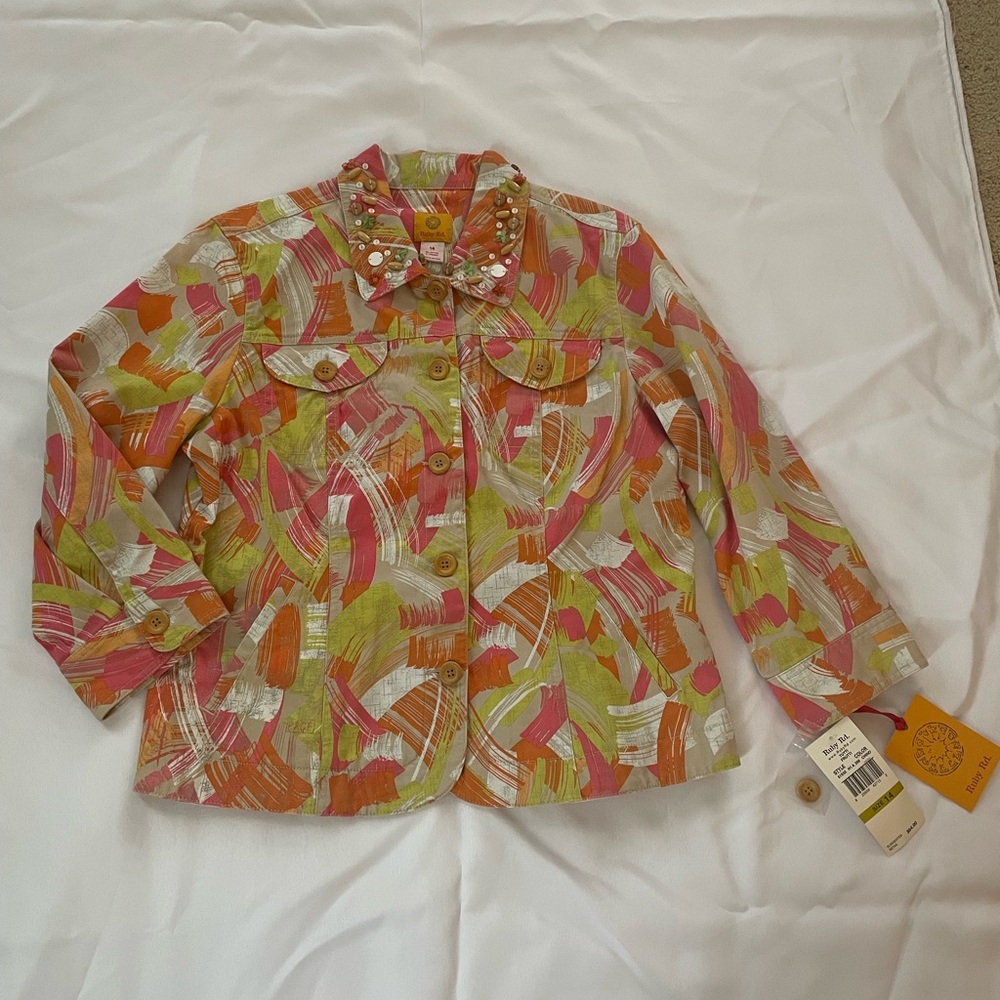 Ruby Rd. Brushstroke Print Button Jacket in Pink,… - image 2